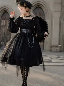Gothic Lolita OP Dress Black Burgundy Ruffles Bows Open The Shoulder Long Sleeves Lolita One Piece Dress