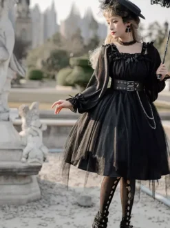 Gothic Lolita OP Dress Black Burgundy Ruffles Bows Open The Shoulder Long Sleeves Lolita One Piece Dress