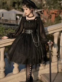 Gothic Lolita OP Dress Black Burgundy Ruffles Bows Open The Shoulder Long Sleeves Lolita One Piece Dress