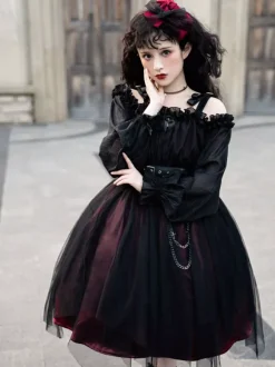 Gothic Lolita OP Dress Black Burgundy Ruffles Bows Open The Shoulder Long Sleeves Lolita One Piece Dress