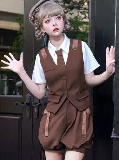 Gothic Lolita Outfits Coffee Brown Sleeveless Pants Overcoat