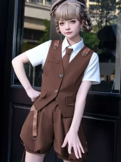 Gothic Lolita Outfits Coffee Brown Sleeveless Pants Overcoat