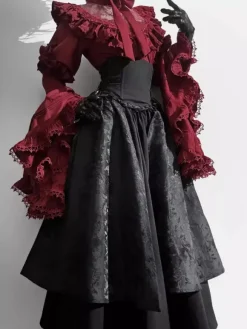 Gothic Lolita Outfits Lace Ruffles Long Sleeves Blouse and Black Skirt tow piece suit