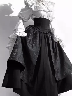 Gothic Lolita Outfits Lace Ruffles Long Sleeves Blouse and Black Skirt tow piece suit