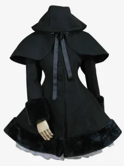 Gothic Lolita Outfits Wool Black Ribbons Hooded Cape With Winter Coat