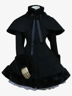 Gothic Lolita Outfits Wool Black Ribbons Hooded Cape With Winter Coat