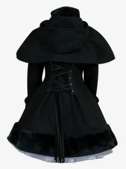 Gothic Lolita Outfits Wool Black Ribbons Hooded Cape With Winter Coat