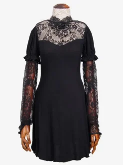 Gothic Lolita Punk Dresses Lace Up Lace Short Sleeves Black Dresses