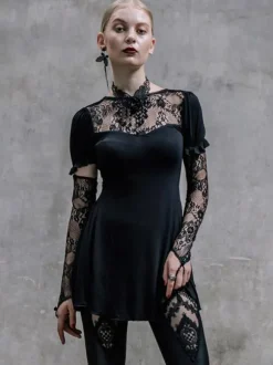 Gothic Lolita Punk Dresses Lace Up Lace Short Sleeves Black Dresses