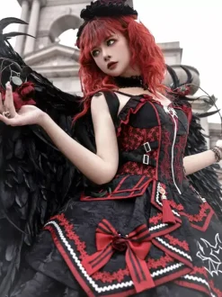 Gothic Lolita Red And Black JSK Dress Bat Print Dark Fantasy Roleplay Costume