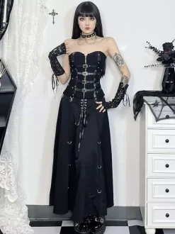 Gothic Lolita SK Black Metal Details Lace Up Lolita Skirts