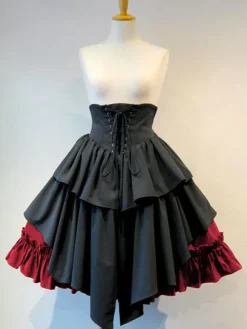 Gothic Lolita Skirt SK Cotton Lace Up Ruffles Pleated Black Lolita Skirt