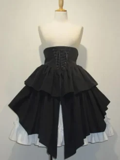 Gothic Lolita Skirt SK Cotton Lace Up Ruffles Pleated Black Lolita Skirt