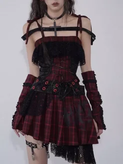 Gothic Punk Lolita Dresses Lace Plaid Red And Black Gothic JSK Lolita Dress