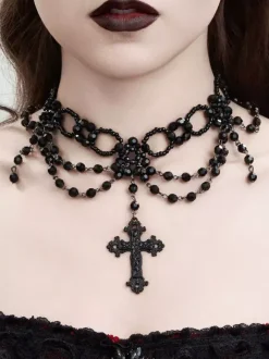 Gothic Woman Indoor Red Lace Multi-Layer Crystal Choker Necklace