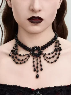 Gothic Woman Indoor Red Lace Multi-Layer Crystal Choker Necklace