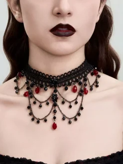 Gothic Woman Indoor Red Lace Multi-Layer Crystal Choker Necklace