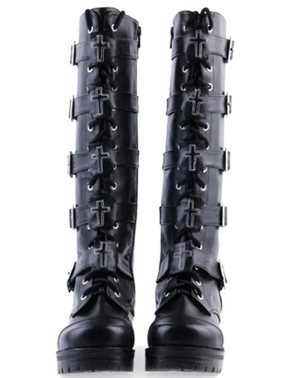Gothic Black Lolita Boots Square Heels Platform Shoelace Straps Buckles