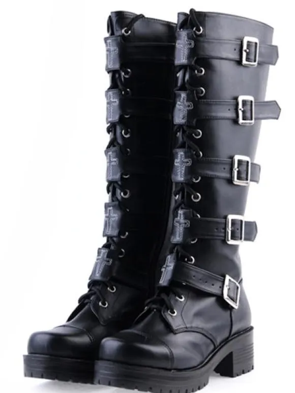Gothic Black Lolita Boots Square Heels Platform Shoelace Straps Buckles