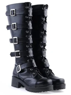 Gothic Black Lolita Boots Square Heels Platform Shoelace Straps Buckles