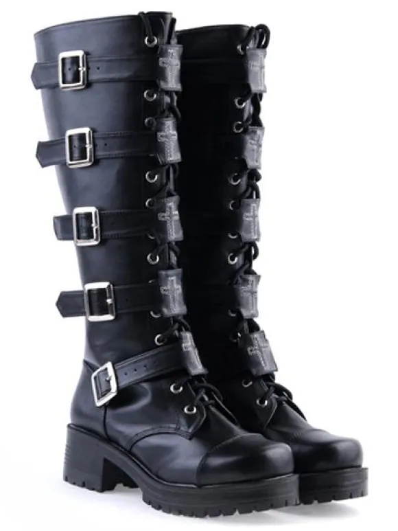 Gothic Black Lolita Boots Square Heels Platform Shoelace Straps Buckles