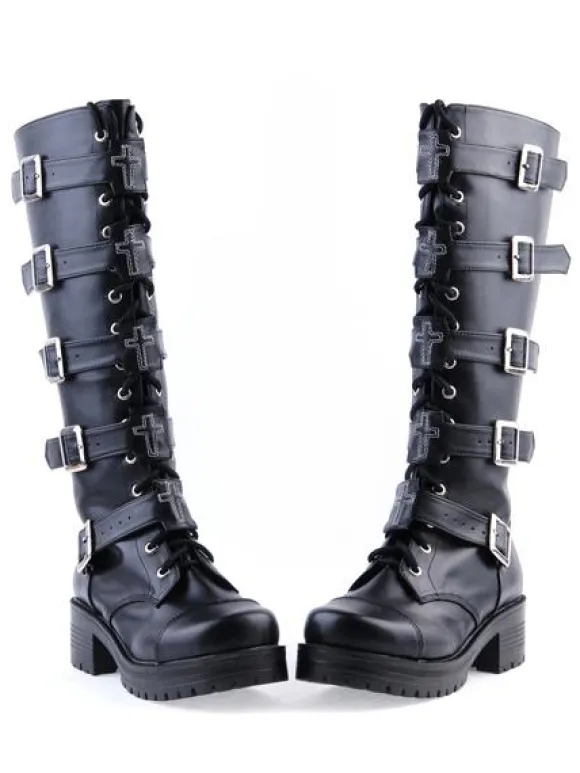Gothic Black Lolita Boots Square Heels Platform Shoelace Straps Buckles