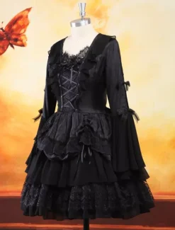 Gothic Black Lolita One Piece Dress Long Hime Sleeves Lace Up Layers Lace Trim