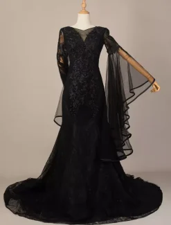 Gothic Black Wedding Dresses A-Line Long Sleeves Lace With Train Bridal Gown Free Customization