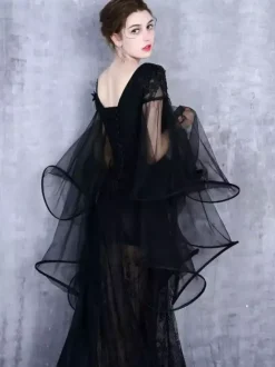 Gothic Black Wedding Dresses A-Line Long Sleeves Lace With Train Bridal Gown Free Customization