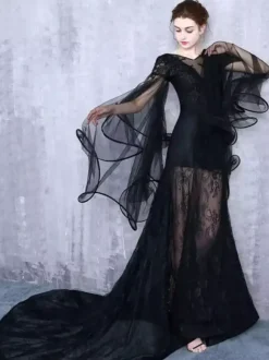 Gothic Black Wedding Dresses A-Line Long Sleeves Lace With Train Bridal Gown Free Customization