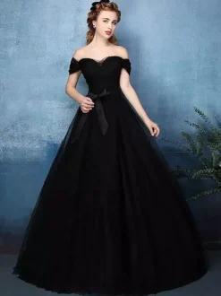 Gothic Black Wedding Dresses A-Line Sleeveless Backless Bows Tulle Floor Length Bridal Dress Free Customization