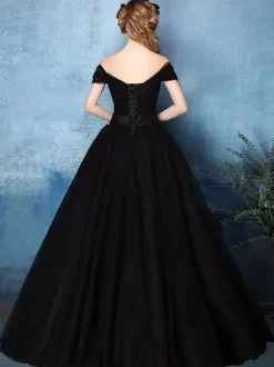 Gothic Black Wedding Dresses A-Line Sleeveless Backless Bows Tulle Floor Length Bridal Dress Free Customization