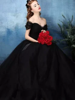 Gothic Black Wedding Dresses A-Line Sleeveless Backless Bows Tulle Floor Length Bridal Dress Free Customization