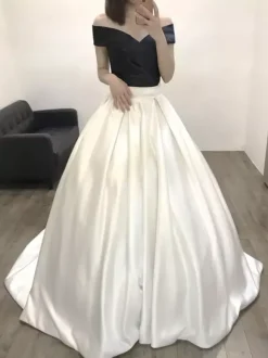 Gothic Black Wedding Dresses Satin A Line Off The Shoulder Short Sleeves Bridal Gown With Train Free Customization