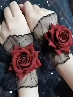 Gothic Lolita Accessories Black Flowers Ruffles Oversleeves Miscellaneous