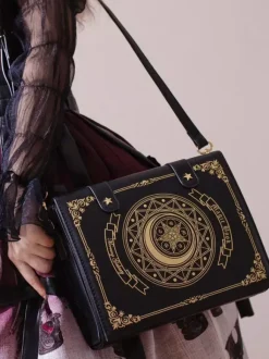Gothic Lolita Bag Coffee Brown PU Leather Metal Details Floral Print Stars Print PU Leather Cross-body Bag Lolita Accessories