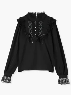 Gothic Lolita Blouses Lolita Top Purple Long Sleeves Lace Ruffles Color Block Lolita Shirt