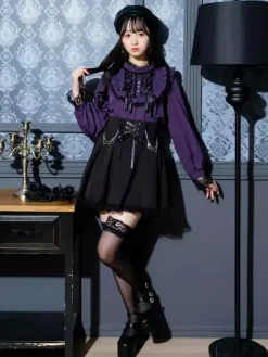 Gothic Lolita Blouses Lolita Top Purple Long Sleeves Lace Ruffles Color Block Lolita Shirt