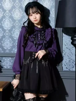 Gothic Lolita Blouses Lolita Top Purple Long Sleeves Lace Ruffles Color Block Lolita Shirt