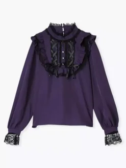 Gothic Lolita Blouses Lolita Top Purple Long Sleeves Lace Ruffles Color Block Lolita Shirt