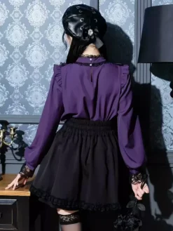 Gothic Lolita Blouses Lolita Top Purple Long Sleeves Lace Ruffles Color Block Lolita Shirt