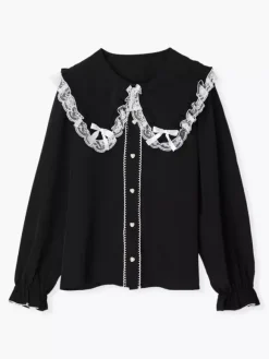 Gothic Lolita Blouses Lolita Top White Long Sleeves Lace Bows Color Block Lolita Shirt