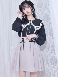 Gothic Lolita Blouses Lolita Top White Long Sleeves Lace Bows Color Block Lolita Shirt