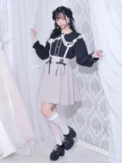 Gothic Lolita Blouses Lolita Top White Long Sleeves Lace Bows Color Block Lolita Shirt