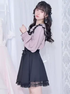 Gothic Lolita Blouses Lolita Top White Long Sleeves Lace Bows Color Block Lolita Shirt
