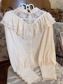 Gothic Lolita Blouses Ruffles Lace Long Sleeves Blouse Lolita Top Lace Ecru White Lolita Shirt
