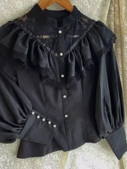 Gothic Lolita Blouses Ruffles Lace Long Sleeves Blouse Lolita Top Lace Ecru White Lolita Shirt