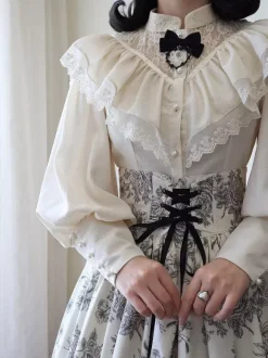 Gothic Lolita Blouses Ruffles Lace Long Sleeves Blouse Lolita Top Lace Ecru White Lolita Shirt
