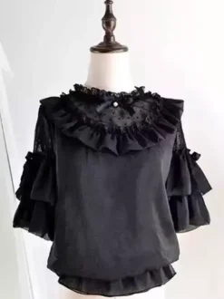 Gothic Lolita Blouses White Short Sleeves Lace Bows Lolita Top Lace Lolita Shirt