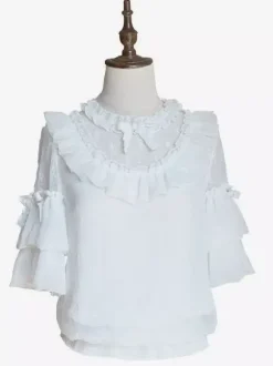 Gothic Lolita Blouses White Short Sleeves Lace Bows Lolita Top Lace Lolita Shirt